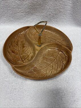 Royal Haeger vtg divided leaf print ceramic dish made in USA
